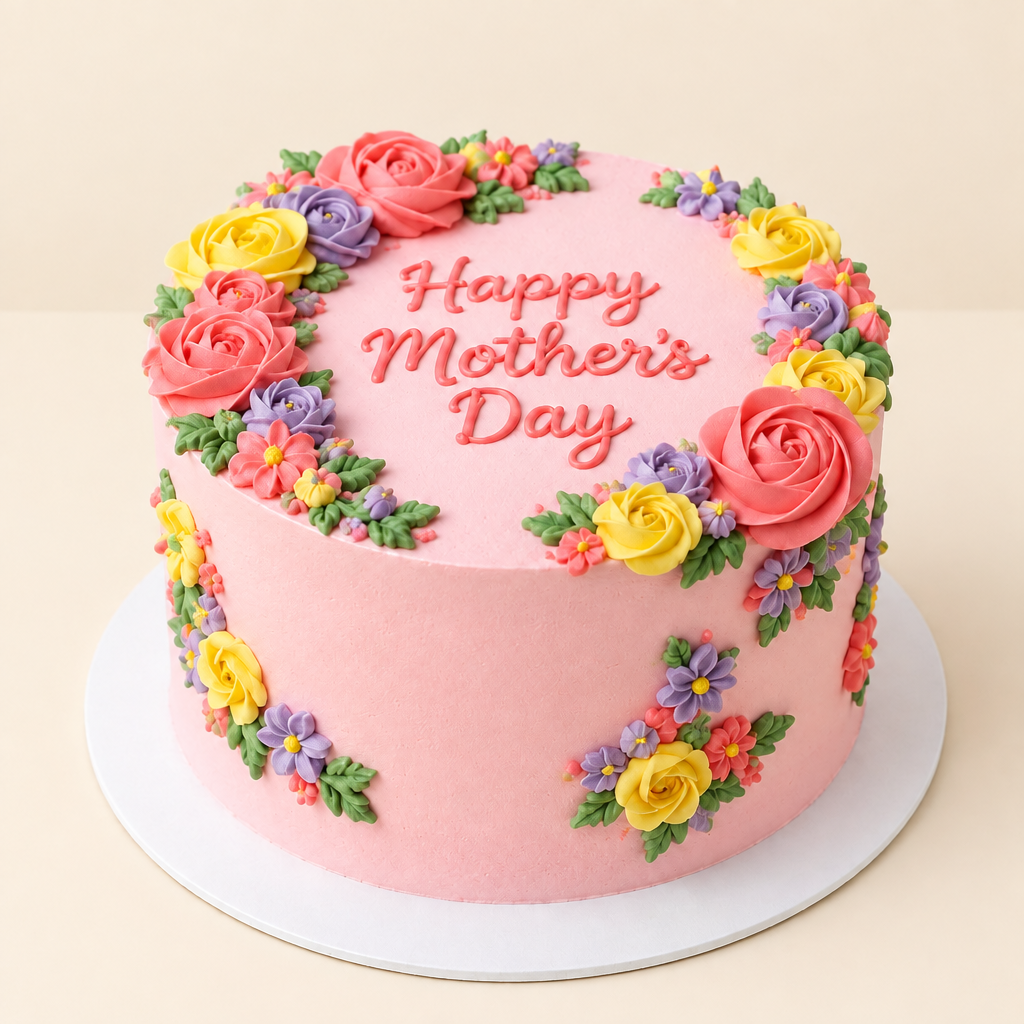 Illustrative pink floral Mother’s Day cake on a light warm cream background