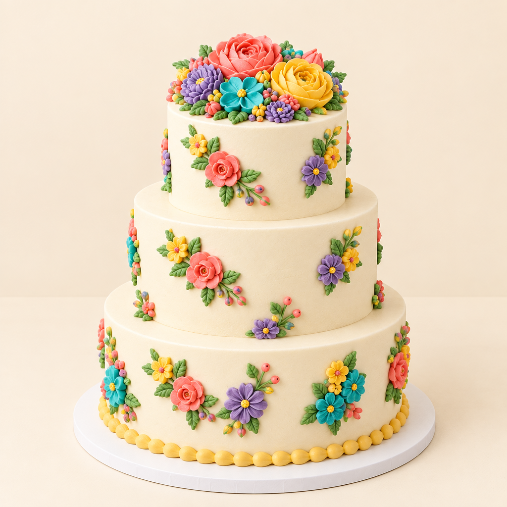 Illustrative three-tier vibrant floral wedding cake on a light warm cream background