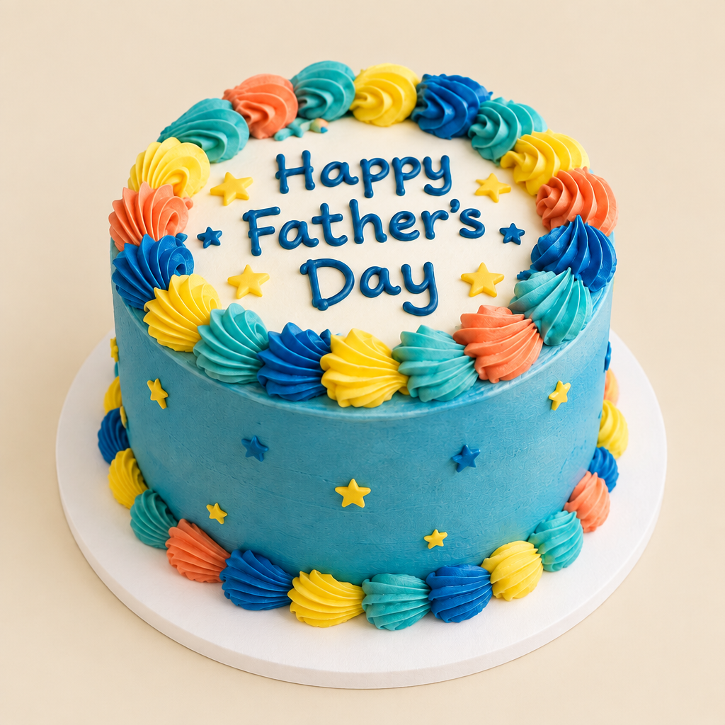 Illustrative vibrant Father's Day cake against a warm cream beige studio background