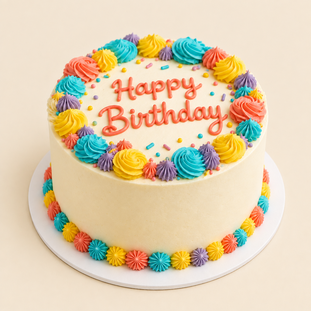Illustrative colourful birthday cake on a light warm cream background
