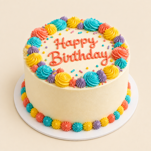 Illustrative colourful birthday cake on a light warm cream background